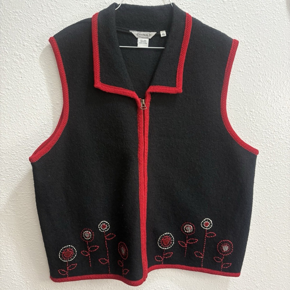 Stonebridge Black Wool Embroidered Beaded Zip Up Vest Size XL Floral Grandma
